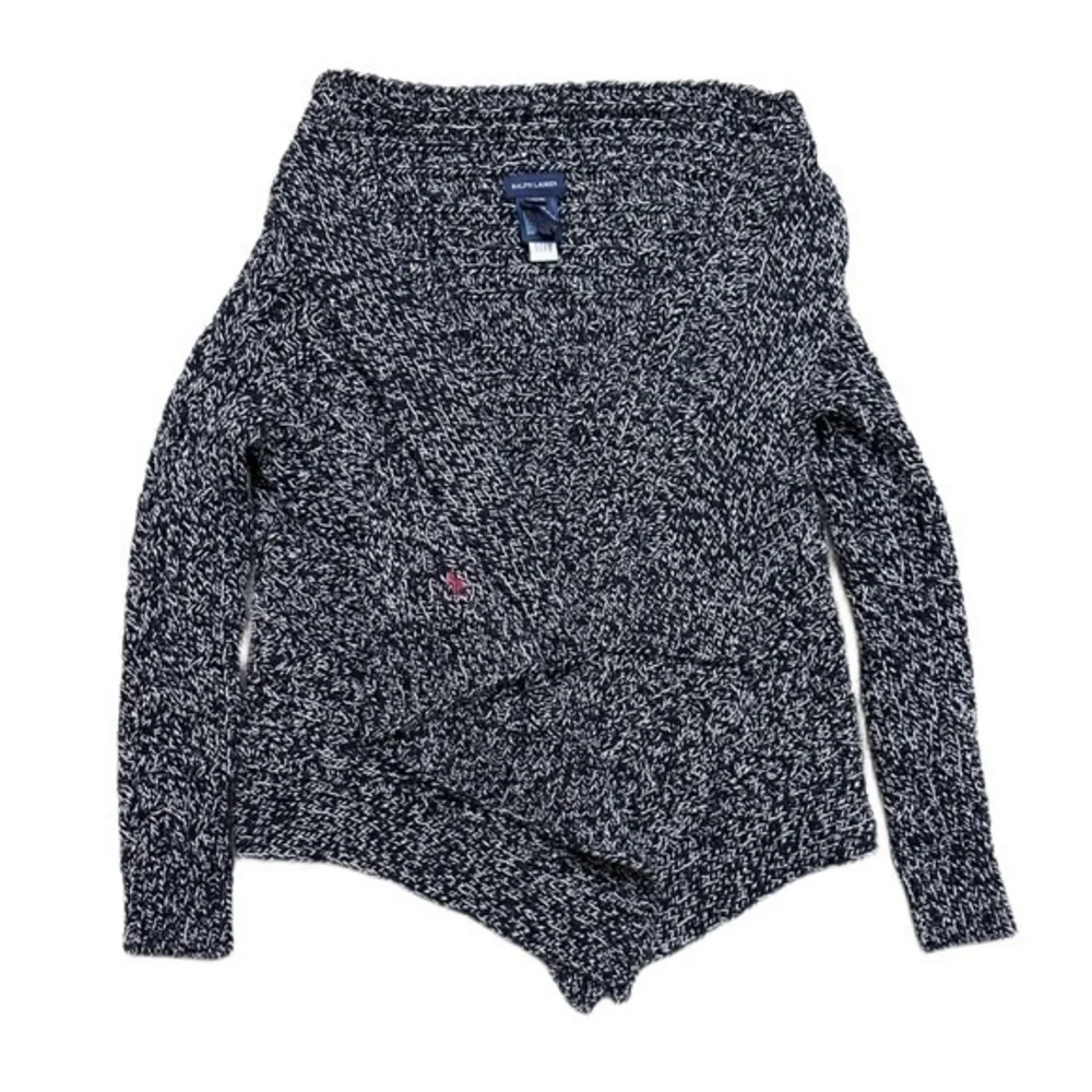 Ralph‎ Lauren Girls Marled Knit Asymmetrical Draped Cardigan Navy White L 12/14